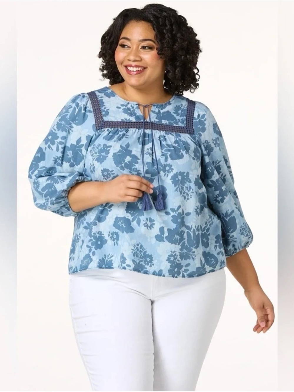 Cato | PLUS SIZE TASSELED FLORAL CHAMBRAY TOP